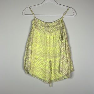 Rebecca Taylor Yellow & Tan Patterned Cold Shoulder Silk Waist Tie Camisole Top